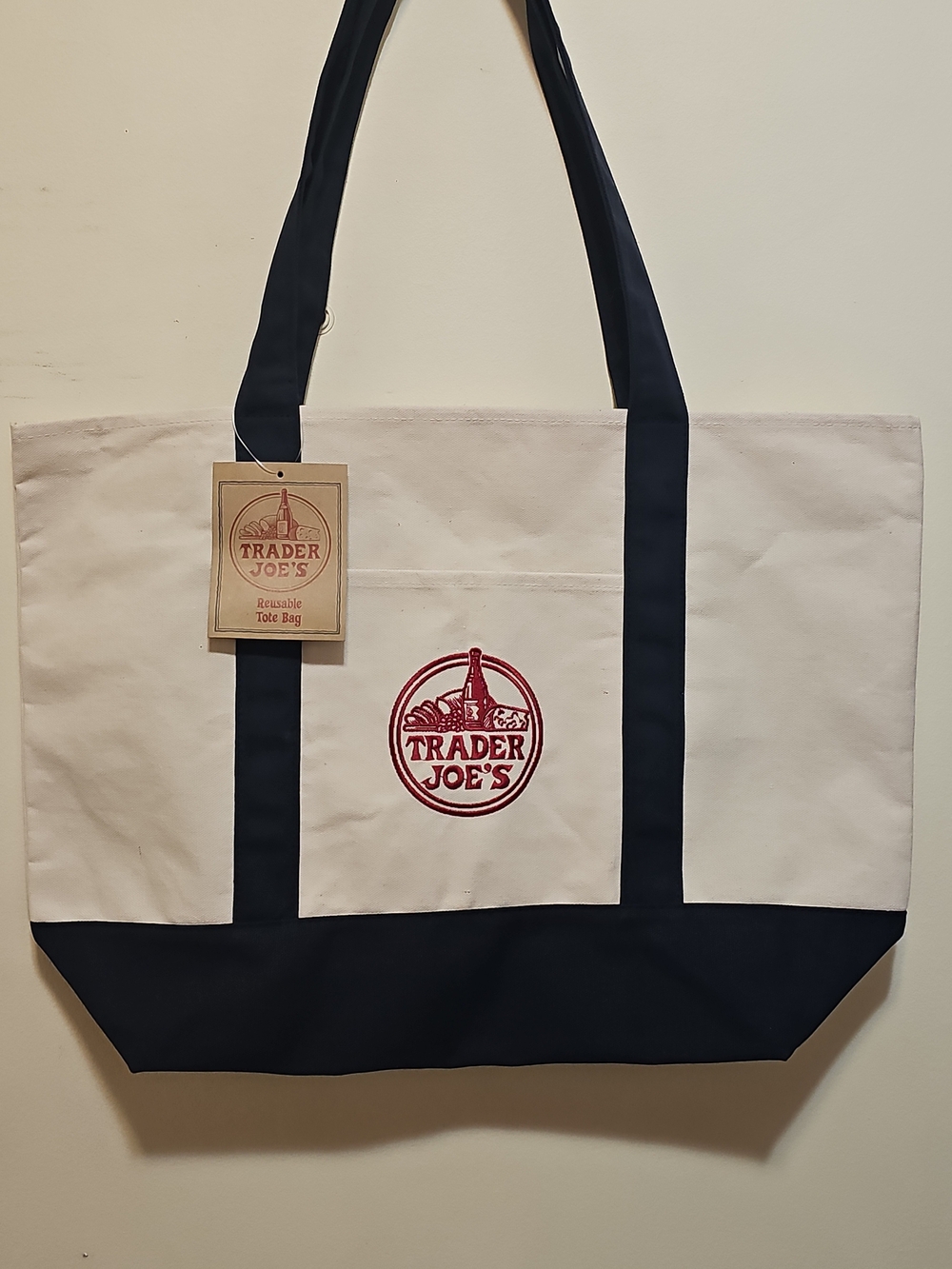 New Trader Joe's LARGE Reusable Canvas Tote Bag in Blue and white, red logo